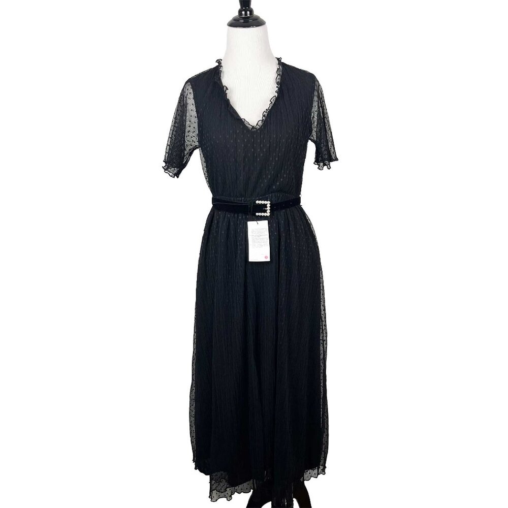 Zara swiss dot tulle midi dress with velvet pearl belt